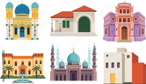 Pakistan flag geometric ornaments, Islamic crescent star patterns, decorative mosaic tiles, traditional green gold design, cultural vector illustration artwork