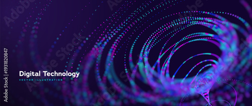 Digital Technology Data Tunnel With Glowing Blue And Purple Dots On Dark Space, Ideal For AI, Big Data And Web. Digital Transformation And Technology Concept. Vector Illustration.