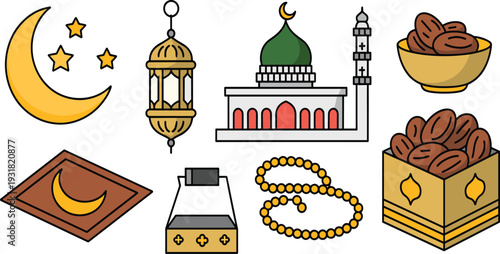 Ramadan Kareem illustration with mosque crescent moon lantern dates prayer beads and Islamic symbols vector set isolated on background