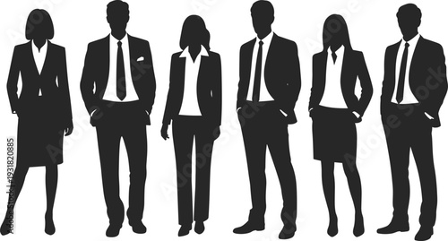 Black silhouettes of diverse professional business team group wearing formal suits and office attire standing in various poses isolated on white background for corporate.