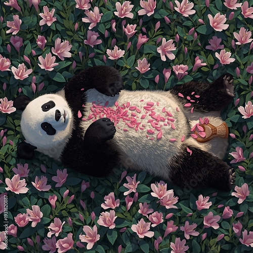 Adorable panda relaxing in floral garden with pink petals