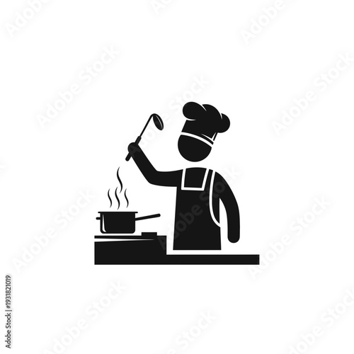 Chef cooking at a stove with steam rising from a pot, simple black and white vector graphic representing culinary arts