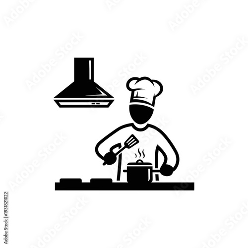Black Silhouette Logo of a Person Cooking with a Pan Under a Range Hood, Representing Culinary Arts and Kitchen Activities