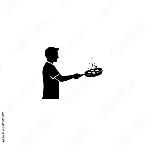 Silhouette of a person cooking food in a frying pan with steam rising, minimalist black vector illustration ideal for culinary businesses and food blogs