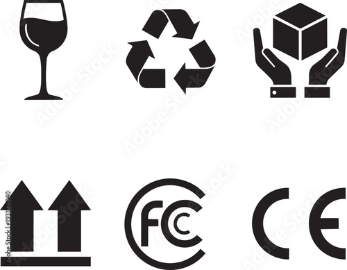 Logos and symbols for wine, recycling, packaging, and safety certifications