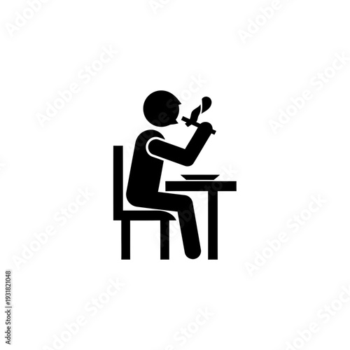 Clean black vector icon illustrating a person enjoying a meal at a table with cutlery, perfect for themes of dining, food service, eating habits, and restaurant concepts