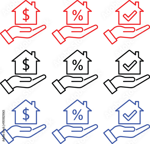 Real estate investment icons showing house with dollar percent and checkmark symbols on human hands