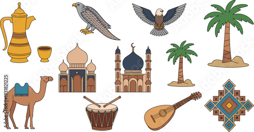 Traditional Middle Eastern culture icons set, Arabic coffee dallah, falcon, mosque, camel, palm tree, oud instrument illustration vector