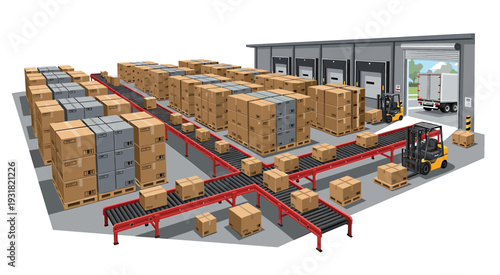 Busy Warehouse Interior with Forklifts and Boxes Vector Illustrations.