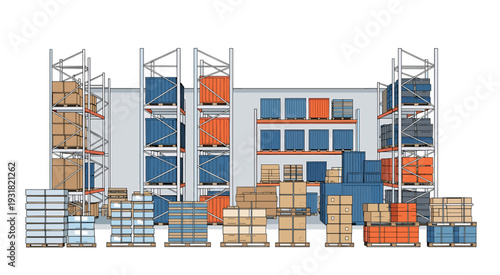 Busy Warehouse Interior with Forklifts and Boxes Vector Illustrations.