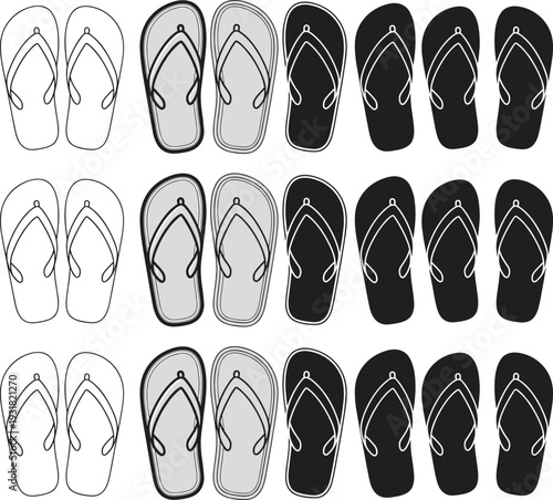 Flip flops set vector illustration with various styles colors and transparency options