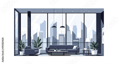 Modern Living Room with City Skyline Sunset View