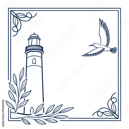 Illustration of a lighthouse with a bird in flight and decorative leaves.