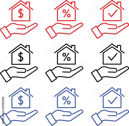 Hand holding house icon with dollar sign percentage and checkmark red black blue