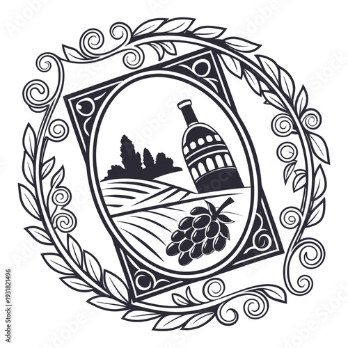 A vintage illustration of a farmhouse nestled in a lush valley surrounded by trees and mountains.