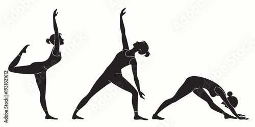 Three individuals performing yoga poses in a serene outdoor setting