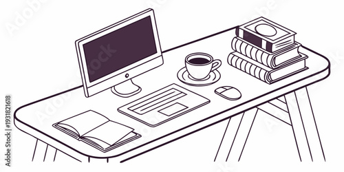 A cluttered desk with a computer, coffee, and various office supplies.
