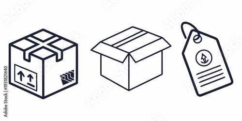 Illustrations of boxes and a shipping tag for packaging and delivery purposes