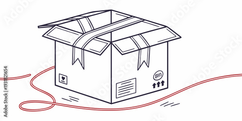 An open cardboard box with red string and a shipping label on the side