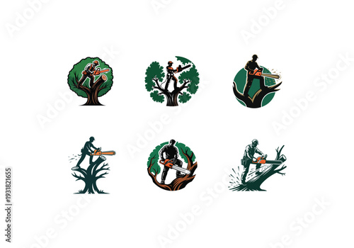 Lumberjack and Chainsaw Cutting logo Collection, Woodcutting Tree Trunk Logo editable vector Design 