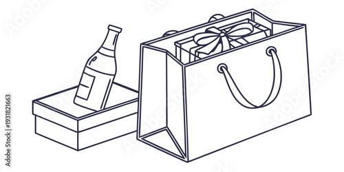 A bottle of wine and a shopping bag filled with various items.