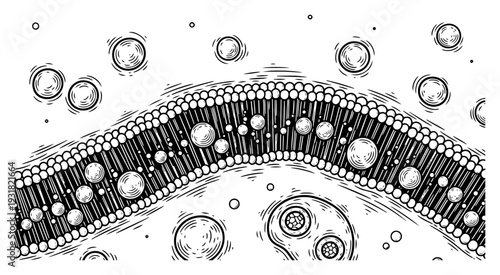 Detailed woodcut engraving of a curved biological cell membrane with surrounding fluid vesicles