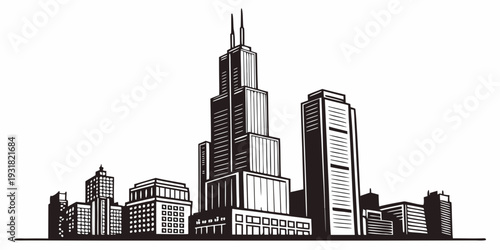 A detailed sketch of a city skyline with prominent skyscrapers and buildings