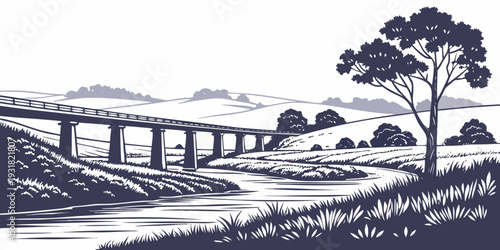 A serene countryside landscape with a bridge over a calm river and lush greenery.