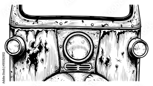 Close up illustration of a rusty vintage truck front with headlights in gritty engraving style