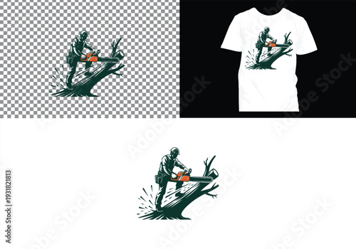 Lumberjack and Chainsaw Cutting logo, Woodcutting Tree Trunk Logo editable vector Design 