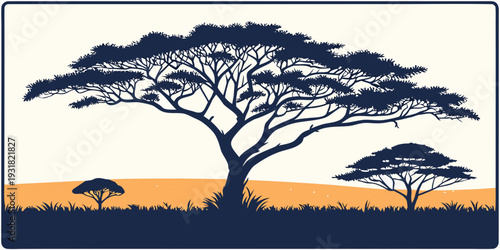 A majestic acacia tree stands tall in the savanna at sunset.