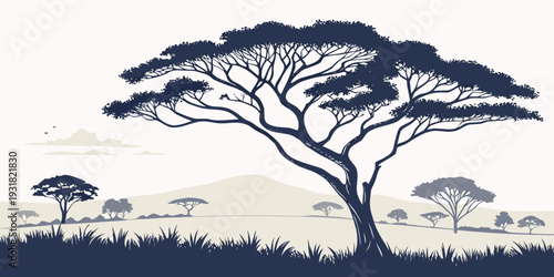 A serene landscape featuring majestic acacia trees with a herd of elephants grazing peacefully