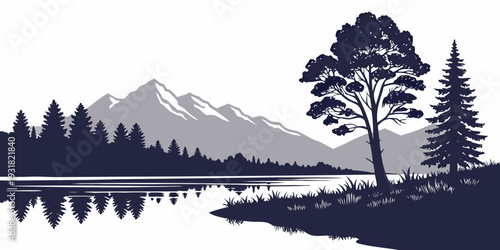 Serene landscape with a tree, mountains, and a calm lake reflecting the scene.