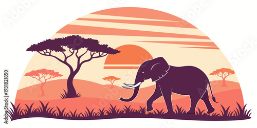Majestic elephant walking in the savanna under a vibrant sunset sky.