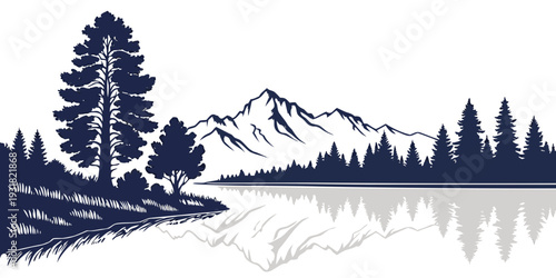 A serene mountain landscape with a calm lake reflecting the trees and peaks