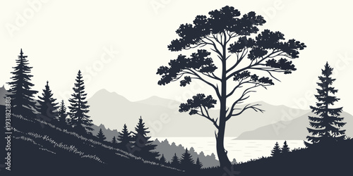 Silhouette of a tree standing tall in a serene forest landscape at dusk