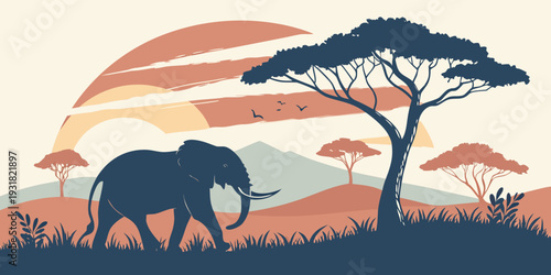 Majestic elephant walking under a vibrant sunset in the heart of the savannah