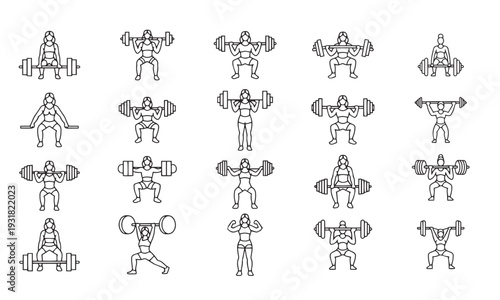 Female Gym Exercise Monoline Icon Set Barbell exercise – Black and White Fitness Workout Vector Line Art Collection