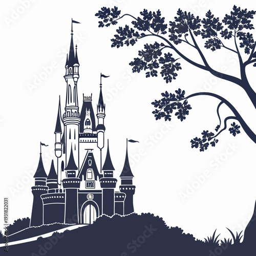 A majestic castle with towers and spires set against a backdrop of trees