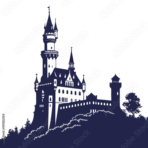 Majestic silhouette of a castle perched on a hill with a towering spire.