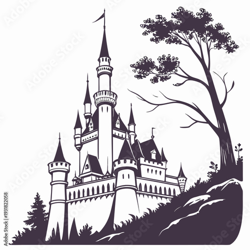 A majestic castle perched on a hill with a tree in the foreground.