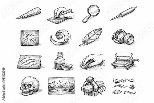 Engraving incision tool contour etch slight deviation generation icon vector variance simple