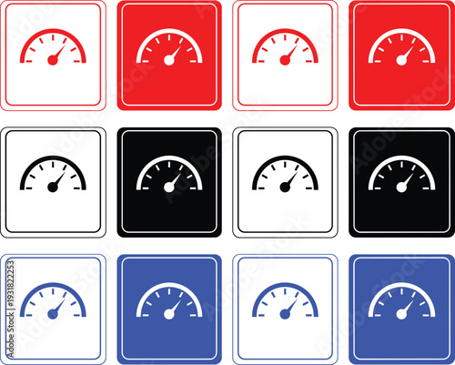 Gauge speedometer icon set showing different readings in red black and blue