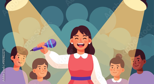 Confident Woman Singing on Stage in Spotlight with Audience - Flat Vector Illustration of Public Speaker or Performer