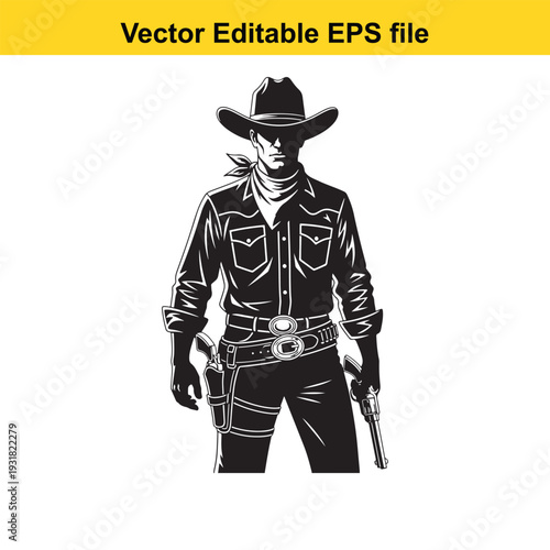 Cowboy Gunslinger Silhouette Vector Illustration on White Background
