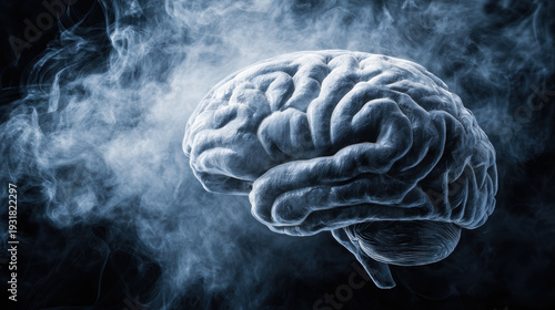 Human brain engulfed in fog - trouble concentrating, cognitive decline concept. Dark background