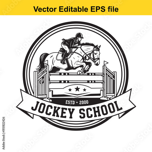 Jockey School Equestrian Logo Design with Horse Rider - Vector Illustration