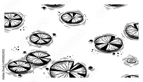 Vintage woodcut engraving of water lily pads floating on a pond surface