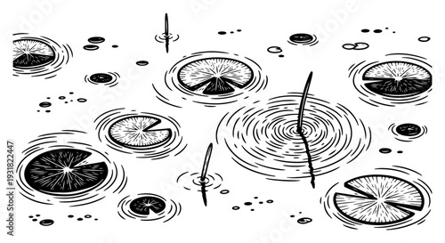 Hand drawn pond surface with water lily pads and concentric ripples in vintage style