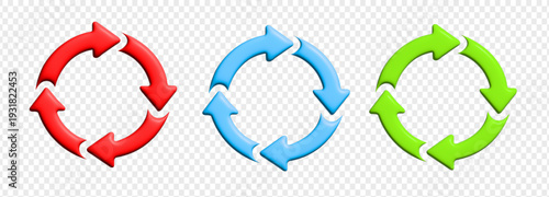 3d circular refresh arrows set. Reload Icon isolated on transparent background for system update and cloud sync